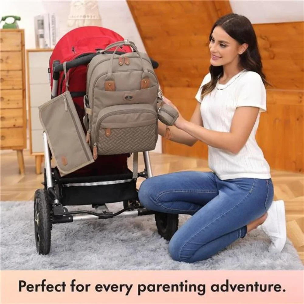 Unisex Polyester Diaper Backpack Daypack with Portable Changing Pad, Khaki